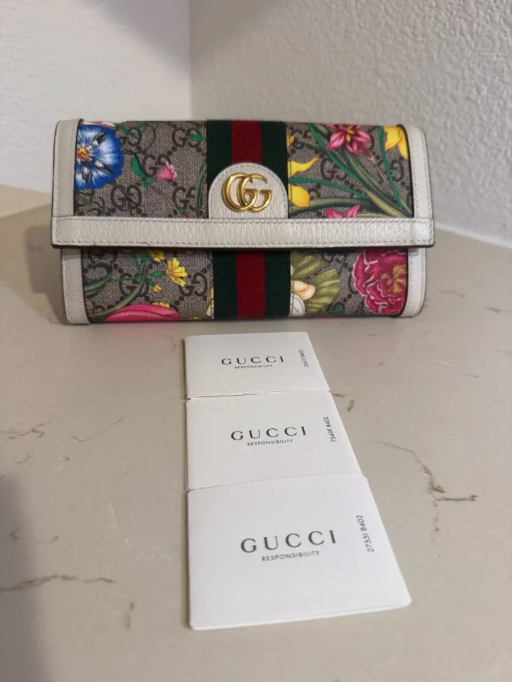 🌸 Gucci Ophidia GG Flora Continental Long Wallet with White Leather Trim